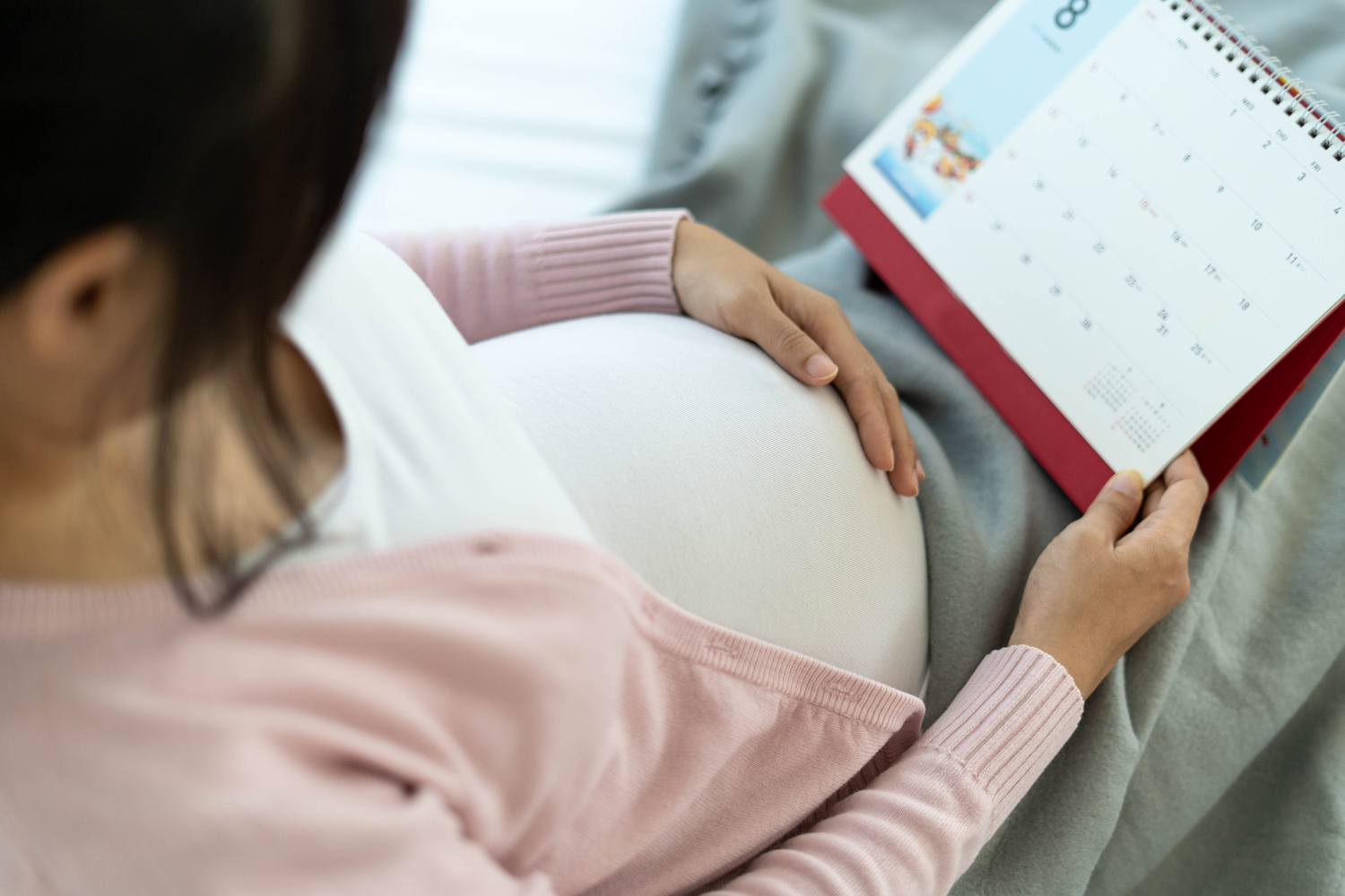 A pregnant woman cradling her bump looks at a calendar to determine her due date